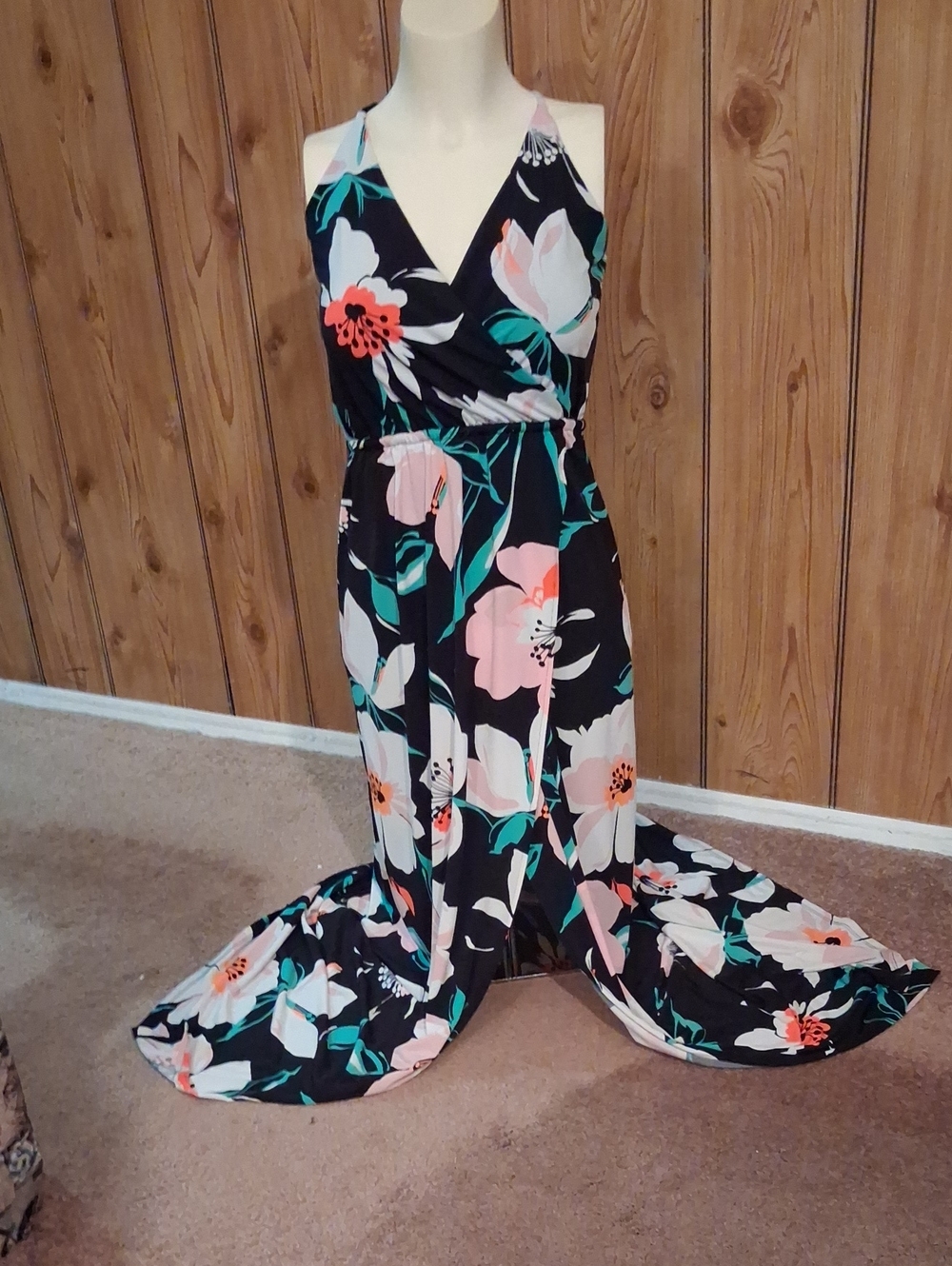 Express Black Floral Maxi Dress with Pink & Teal Blooms